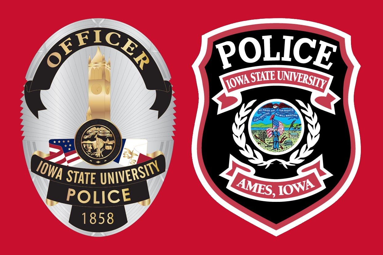 Side-by-side images of Iowa State University police badge and shield.